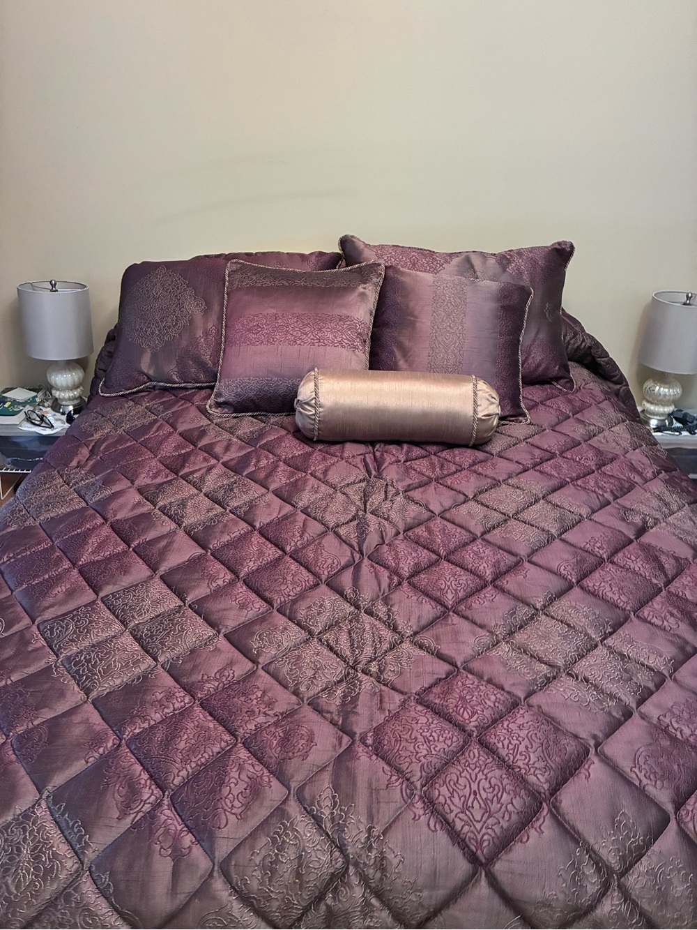 Plum Quilted Comforter Set with Decorative Pillows
